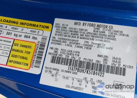 2019 Ford Mustang Ecoboost z USA, uszkodzony, nr VIN 1FATP8UH7K5184422